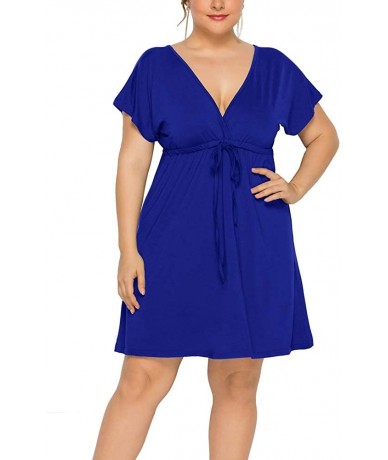 Cover-Ups Plus Size Mini Dress - 2020 Sexy V Neck Summer Plus Size Dresses Casual Party Beach M-4XL - Blue - CO18S33720C $20.17