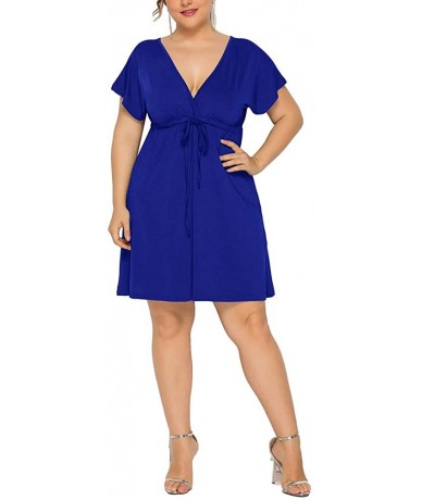 Cover-Ups Plus Size Mini Dress - 2020 Sexy V Neck Summer Plus Size Dresses Casual Party Beach M-4XL - Blue - CO18S33720C $20.17