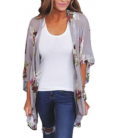 Cover-Ups Kimono Cardigan 2020 Summer Women Boho Floral Chiffon Wrap Shawl Half Sleeve Loose Beach Cover up Plus Size Gray - ...