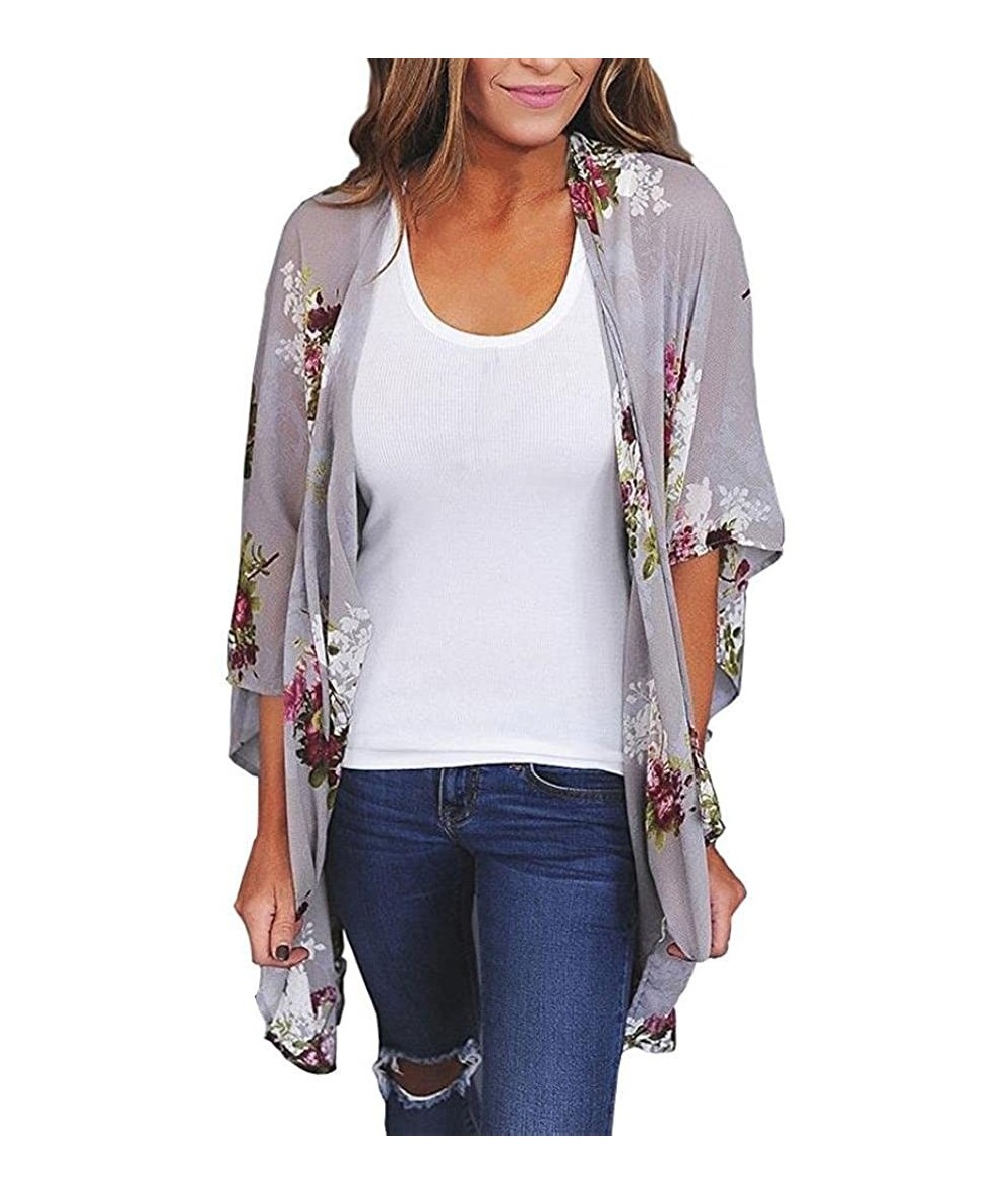 Cover-Ups Kimono Cardigan 2020 Summer Women Boho Floral Chiffon Wrap Shawl Half Sleeve Loose Beach Cover up Plus Size Gray - ...