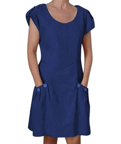 Cover-Ups Women Short Sleeve Dresses Summer Casual Solid Color Ruffled Pockets O Neck Daily Buttoned Tops Beach Wear Blue - C...