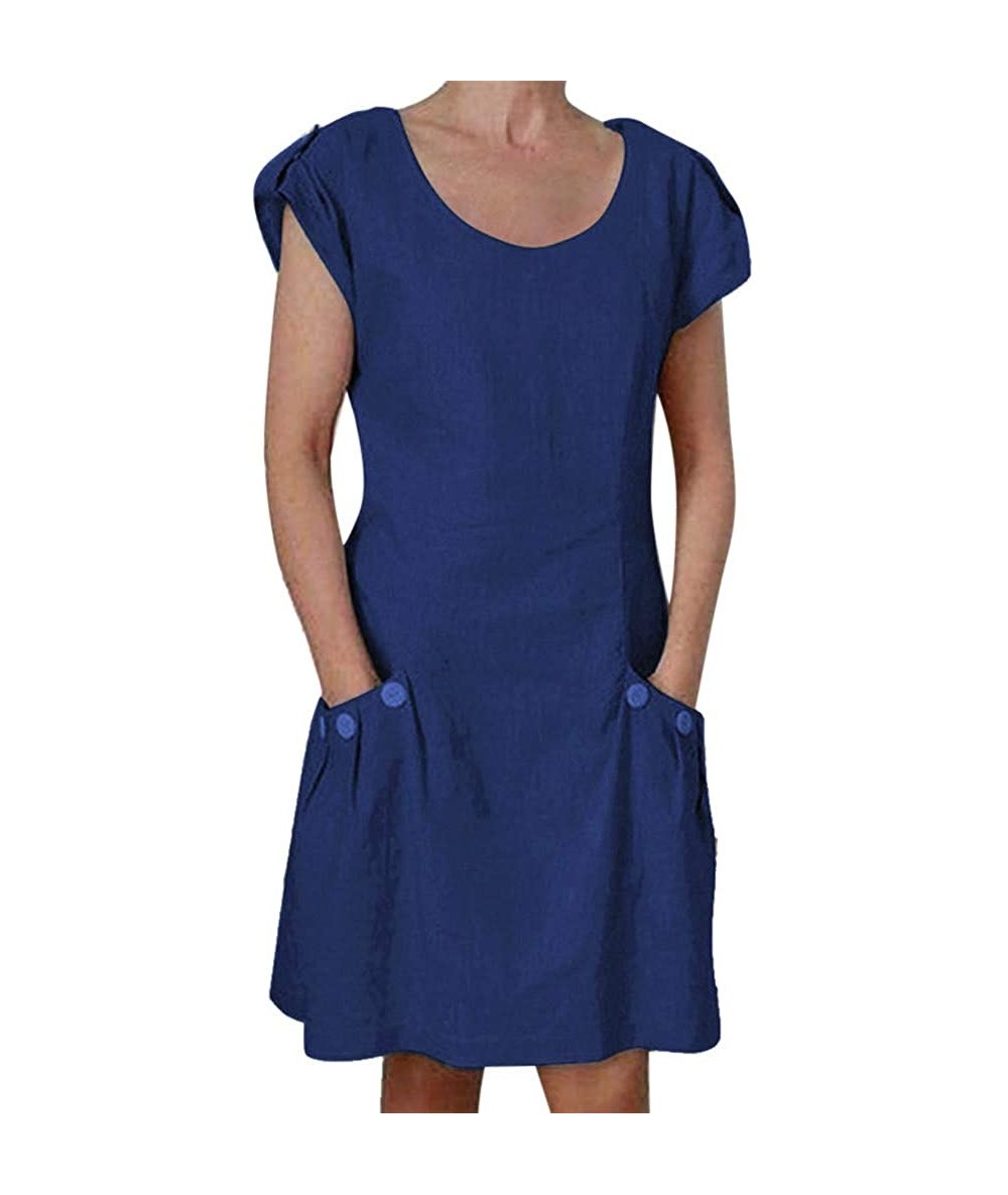 Cover-Ups Women Short Sleeve Dresses Summer Casual Solid Color Ruffled Pockets O Neck Daily Buttoned Tops Beach Wear Blue - C...