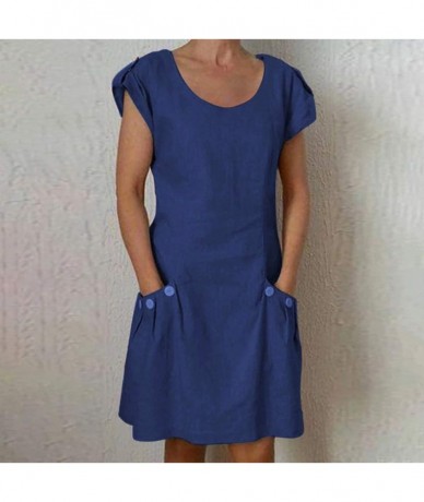 Cover-Ups Women Short Sleeve Dresses Summer Casual Solid Color Ruffled Pockets O Neck Daily Buttoned Tops Beach Wear Blue - C...