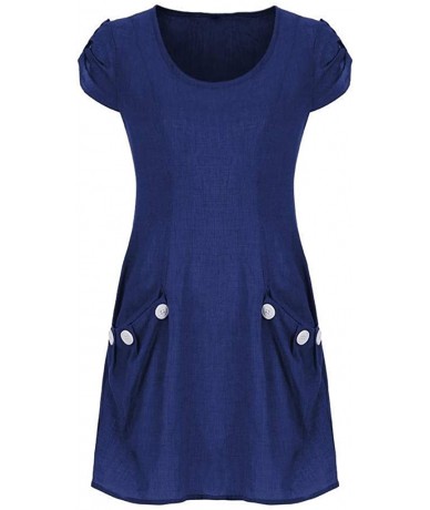 Cover-Ups Women Short Sleeve Dresses Summer Casual Solid Color Ruffled Pockets O Neck Daily Buttoned Tops Beach Wear Blue - C...