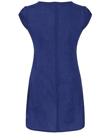 Cover-Ups Women Short Sleeve Dresses Summer Casual Solid Color Ruffled Pockets O Neck Daily Buttoned Tops Beach Wear Blue - C...