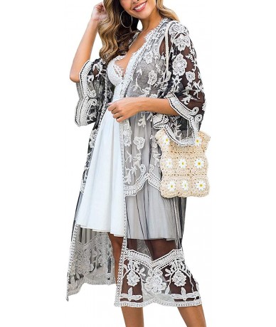 Cover-Ups Women's Lace Kimono Floral Crochet Sheer Beach Cover Ups Long Open Swimsuit Lace Cardigan - Black White - C51933KLD...