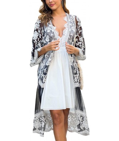 Cover-Ups Women's Lace Kimono Floral Crochet Sheer Beach Cover Ups Long Open Swimsuit Lace Cardigan - Black White - C51933KLD...