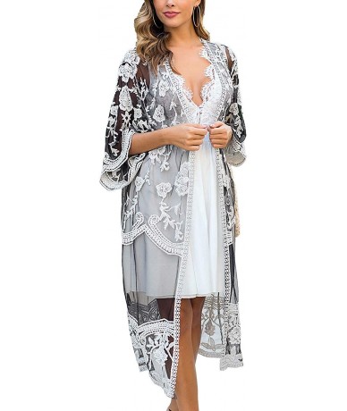 Cover-Ups Women's Lace Kimono Floral Crochet Sheer Beach Cover Ups Long Open Swimsuit Lace Cardigan - Black White - C51933KLD...