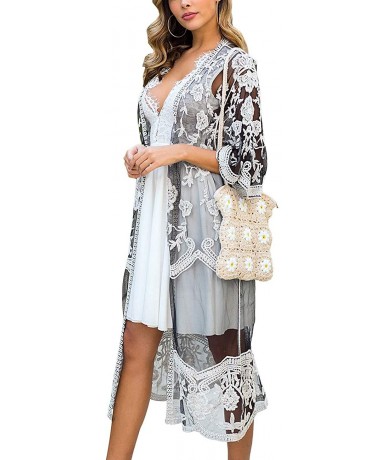 Cover-Ups Women's Lace Kimono Floral Crochet Sheer Beach Cover Ups Long Open Swimsuit Lace Cardigan - Black White - C51933KLD...