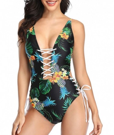 One-Pieces Women One Piece Sexy Lace up Swimsuit Deep V Neck Cutout Bathing Suit - Black Leaf - CF19272GWCR $39.61