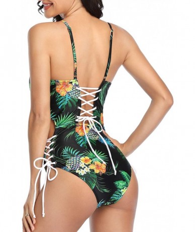 One-Pieces Women One Piece Sexy Lace up Swimsuit Deep V Neck Cutout Bathing Suit - Black Leaf - CF19272GWCR $39.61