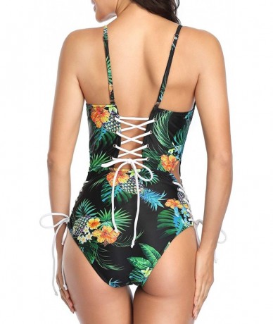 One-Pieces Women One Piece Sexy Lace up Swimsuit Deep V Neck Cutout Bathing Suit - Black Leaf - CF19272GWCR $39.61