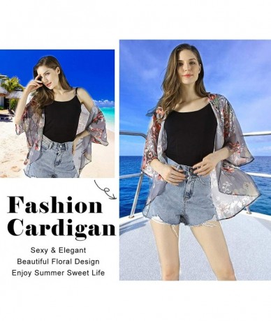 Cover-Ups Womens Floral Chiffon Casual Cardigan - Bikini Half Sleeve Kimono Shawl Sun Protection Blouses Beach Wear Cover ups...