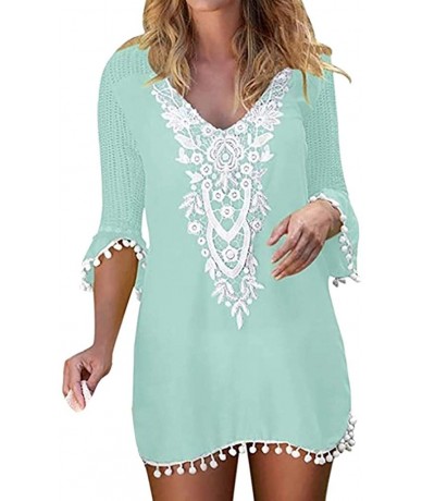 Board Shorts Swimsuit Cover Ups for Women Pom Pom Trim Tassel Lace Crochet Swimwear Beach Cover Up - Green - CK196OUX0YL $27.59