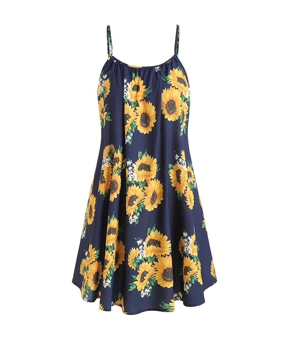 Rash Guards Women's Vintage Sunflower Print Skater Dress Short Sleeve Bow Knot Crop Top Sets - Navy 2 - C018T355LKH $24.13