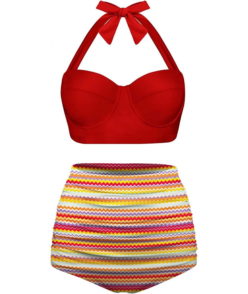 Sets Women Vintage Two Piece Swimsuits High Waisted Bathing Suits with Underwired Top - New Size-halter Red - CV19685T5SR $68.24