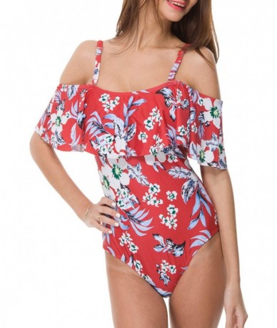 One-Pieces Women One Piece Bathing Suit Printed Shoulder Straps Ruched Swimwear Bikini Swimsuits - 0 Red - C818QWT26GE $46.80