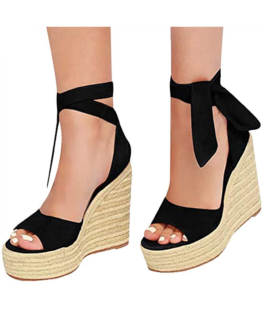 Cover-Ups Womens Espadrilles Sandals Wedge Women's Platform Sandals Espadrille Wedge Ankle Strap Studded Open Toe Sandals Bla...