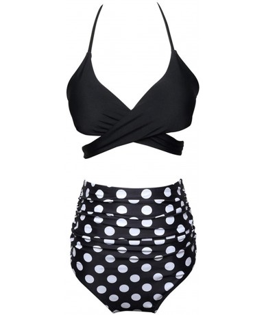 Sets Women High Waist Polka Dot Bikini Vintage Ruffled Swimsuit 2 Pieces - Black1 - C818NX890NX $35.78