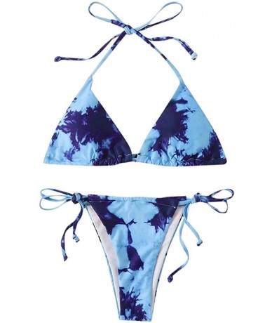 Sets Women's Tie Dye Bikini Sexy Lace Up High Cut Leg Halter Bikini Set Two Piece Swimsuit Swimwear Bathing Suit Z2 blue - CQ...