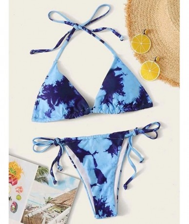 Sets Women's Tie Dye Bikini Sexy Lace Up High Cut Leg Halter Bikini Set Two Piece Swimsuit Swimwear Bathing Suit Z2 blue - CQ...