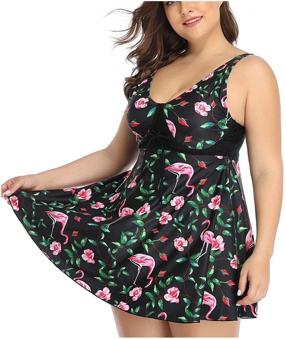 Racing Women Plus Size Two-Piece Flamingo Print Skirt Swimsuit - Multi-a - C0197WKYEWZ $58.84