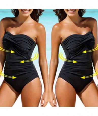 One-Pieces Women Monokini Summer-SIN+MON Women's Sexy Solid Black Off Shoulder Strapless Ruched Tummy Control One-Piece Bikin...