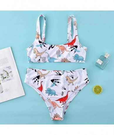 Sets Women Two Pieces Bathing Suit Dinosaur Print with High Waisted Bottom Bikini Set - White - CY199ULI3ER $37.97