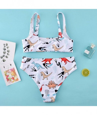 Sets Women Two Pieces Bathing Suit Dinosaur Print with High Waisted Bottom Bikini Set - White - CY199ULI3ER $37.97