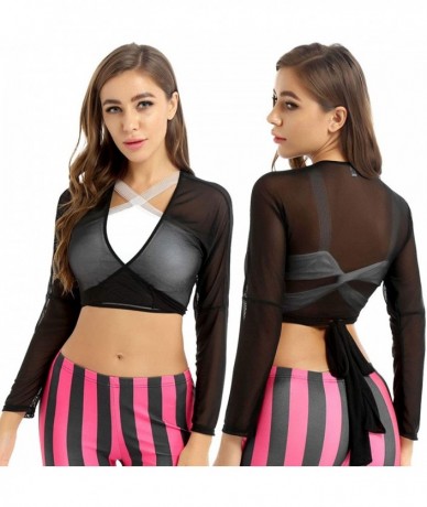 Rash Guards Women's Deep V Neck Long Sleeve Mesh Sheer Bandage Cross Front Wrap Crop Tops - Black - CW19DI0UYWI $30.23