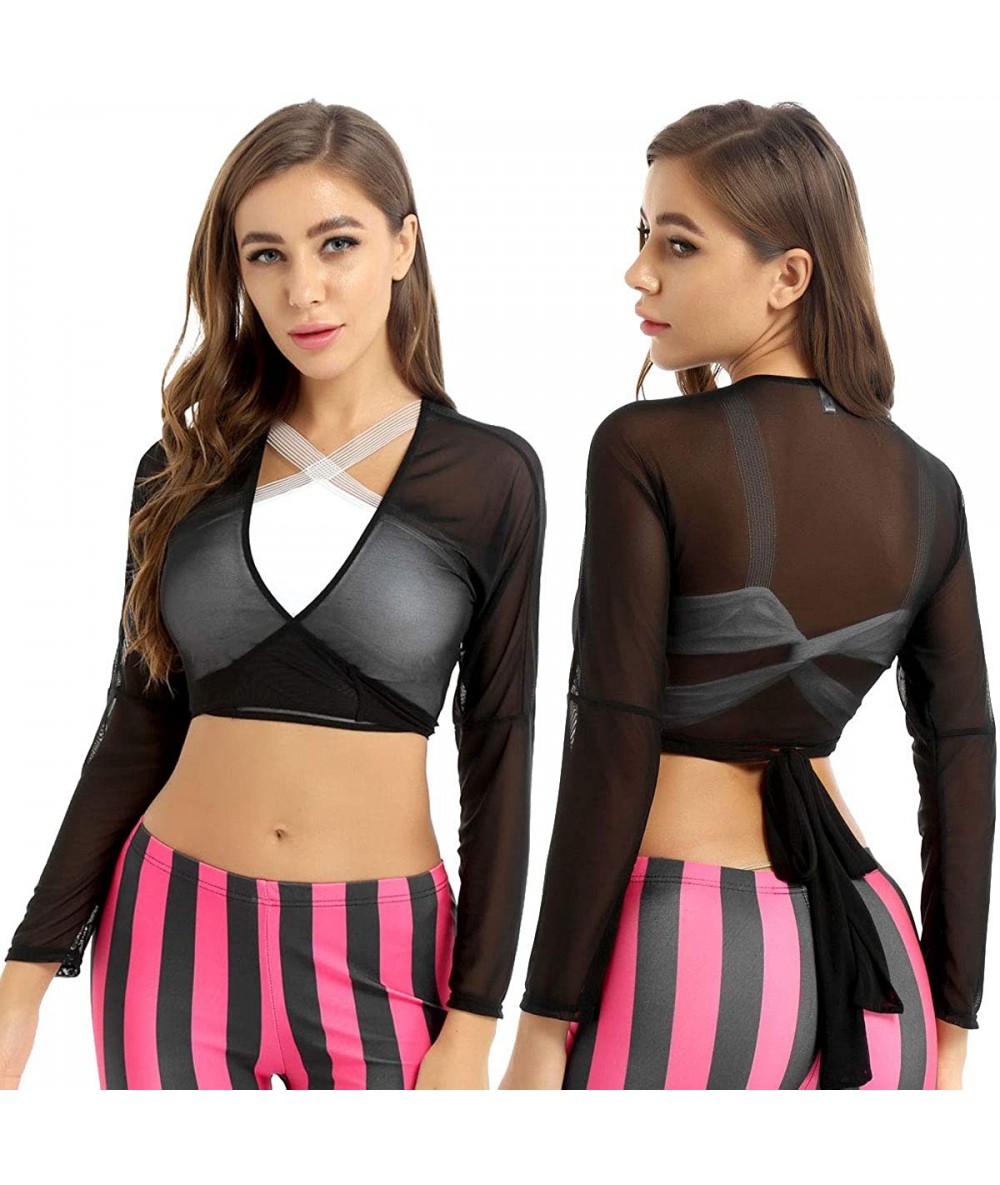 Rash Guards Women's Deep V Neck Long Sleeve Mesh Sheer Bandage Cross Front Wrap Crop Tops - Black - CW19DI0UYWI $30.23