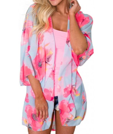 Cover-Ups Womens Floral Chiffon Kimono Cardigans Loose Beach Cover Up Half Sleeve Tops - Sky Blue+floral - CZ18EW9QYEI $27.05