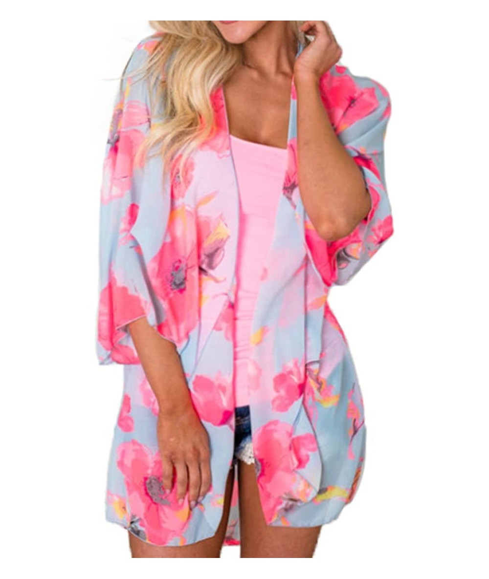 Cover-Ups Womens Floral Chiffon Kimono Cardigans Loose Beach Cover Up Half Sleeve Tops - Sky Blue+floral - CZ18EW9QYEI $27.05