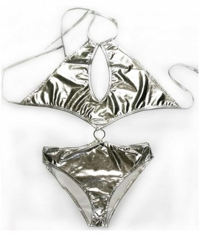 One-Pieces Women One Piece Halter Swimsuit Disco High Cut Wetlook Bodysuit - Silver - C818U0MK0SC $33.17