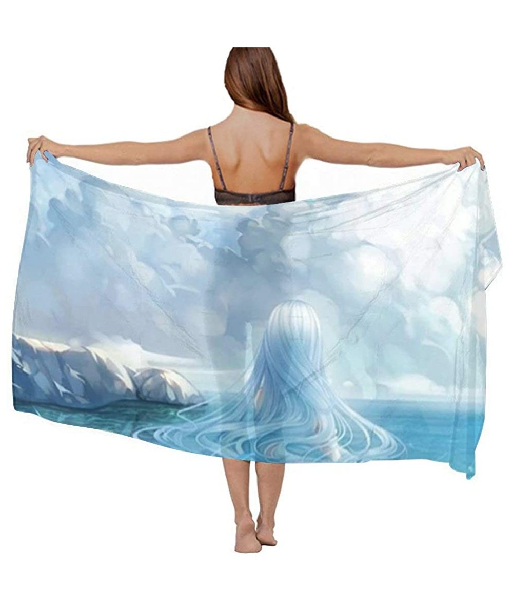 Cover-Ups Women Girls Fashion Chiffon Beach Bikini Cover Up Sunscreen Wrap Scarves - Beautiful Mermaid Sky Blue - CV190HKT66I...