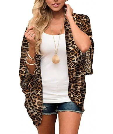 Cover-Ups Women's Floral Print Kimono Cardigan Cover Ups Short Sleeve Loose Long Tops Beach Cover Up - Leopard Print - CX18UD...