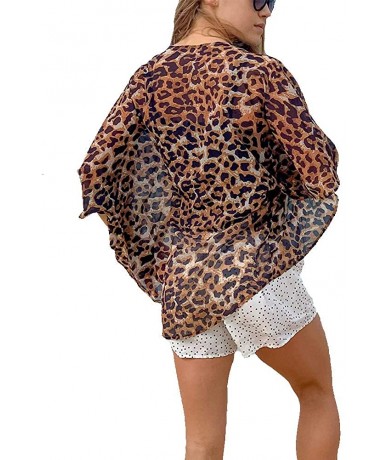 Cover-Ups Women's Floral Print Kimono Cardigan Cover Ups Short Sleeve Loose Long Tops Beach Cover Up - Leopard Print - CX18UD...