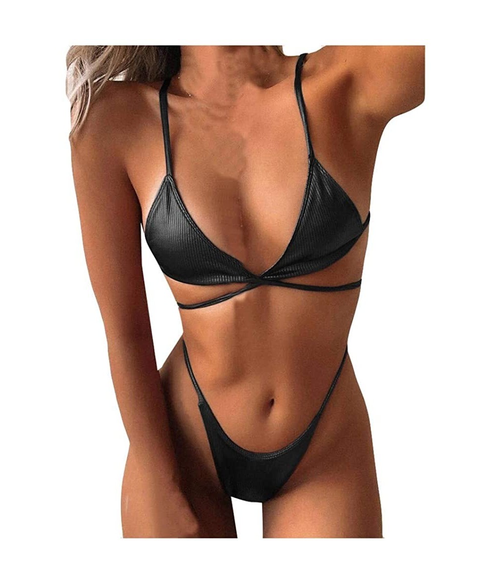 Sets Swimwear Two Pieces Brazilian Swimsuit Sexy Cut Out Bandage Beachwear High Waist Thong Bikini - B-black - CY1942NASZ2 $2...