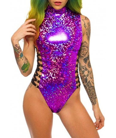 One-Pieces Women's Bodysuit Metallic Rave Crop Criss Cross Festival Silver Swimsuit One Piece - Purple - CK18TKSNDRN $41.18