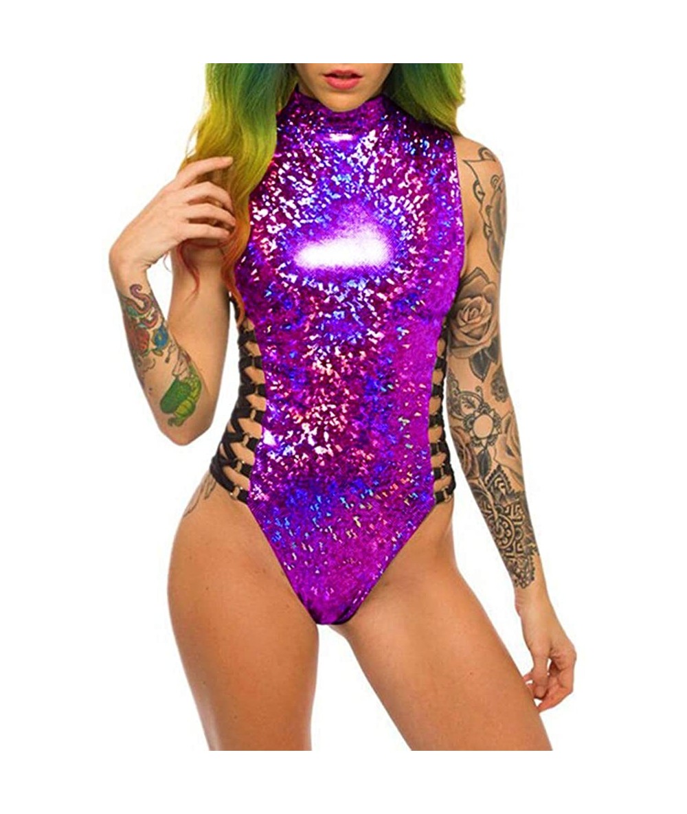 One-Pieces Women's Bodysuit Metallic Rave Crop Criss Cross Festival Silver Swimsuit One Piece - Purple - CK18TKSNDRN $41.18