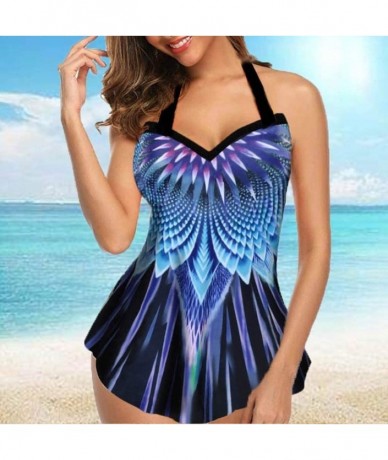 Tankinis Women Plus Size Conservative Printed Two-Piece Swimsuit Bra Tankini Top Swimdress Beachwear (S-5XL) - Blue - CI196WO...