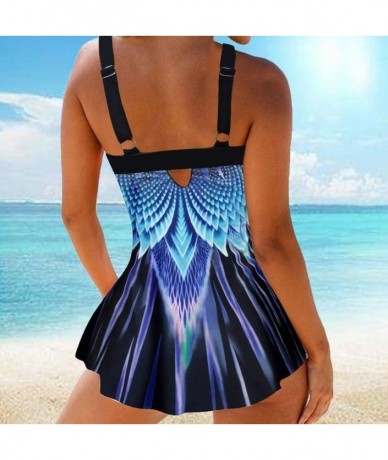 Tankinis Women Plus Size Conservative Printed Two-Piece Swimsuit Bra Tankini Top Swimdress Beachwear (S-5XL) - Blue - CI196WO...