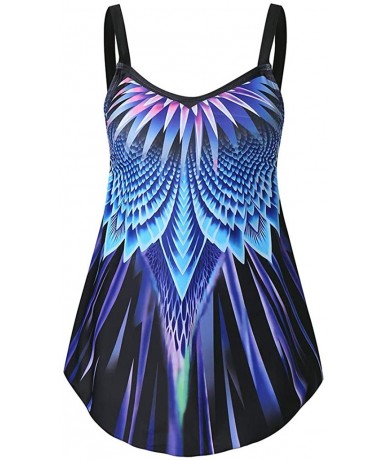 Tankinis Women Plus Size Conservative Printed Two-Piece Swimsuit Bra Tankini Top Swimdress Beachwear (S-5XL) - Blue - CI196WO...