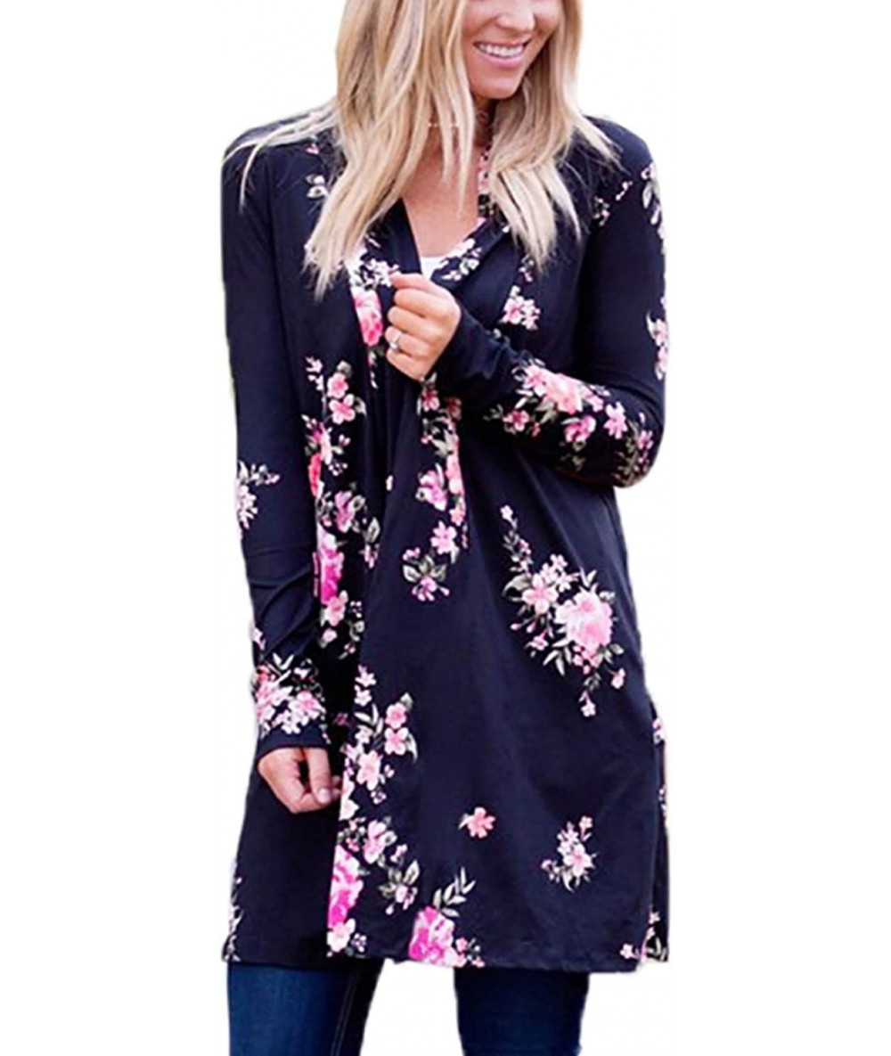 Cover-Ups Women Floral Kimono Robe Sheer Chiffon Cardigan 3/4 Sleeve Cover Up Long Blouse Outwear - Style B-black - CI18Z8US9...