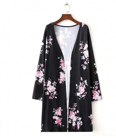 Cover-Ups Women Floral Kimono Robe Sheer Chiffon Cardigan 3/4 Sleeve Cover Up Long Blouse Outwear - Style B-black - CI18Z8US9...