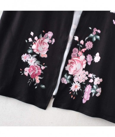 Cover-Ups Women Floral Kimono Robe Sheer Chiffon Cardigan 3/4 Sleeve Cover Up Long Blouse Outwear - Style B-black - CI18Z8US9...