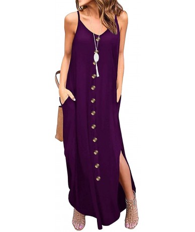 Cover-Ups Women's Summer Casual Loose Dress Button Down Beach Cover Up Long Slit Maxi Dresses with Pocket MY040 Dark Purple -...