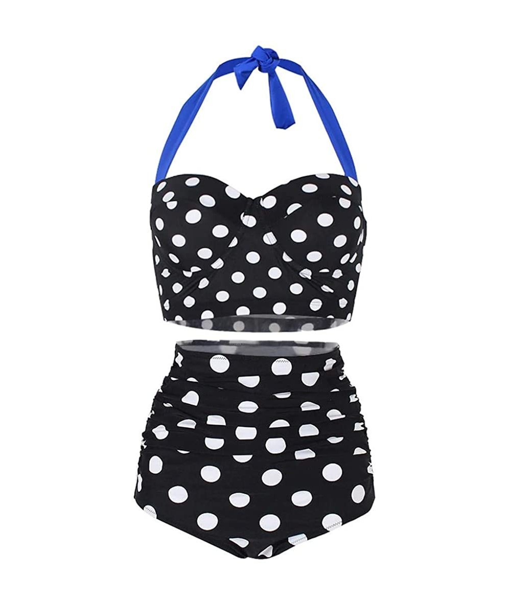 Tankinis Women Vintage Polka Dot High Waisted Bathing Suits Bikini Set - Black - C3194N62AG3 $33.00