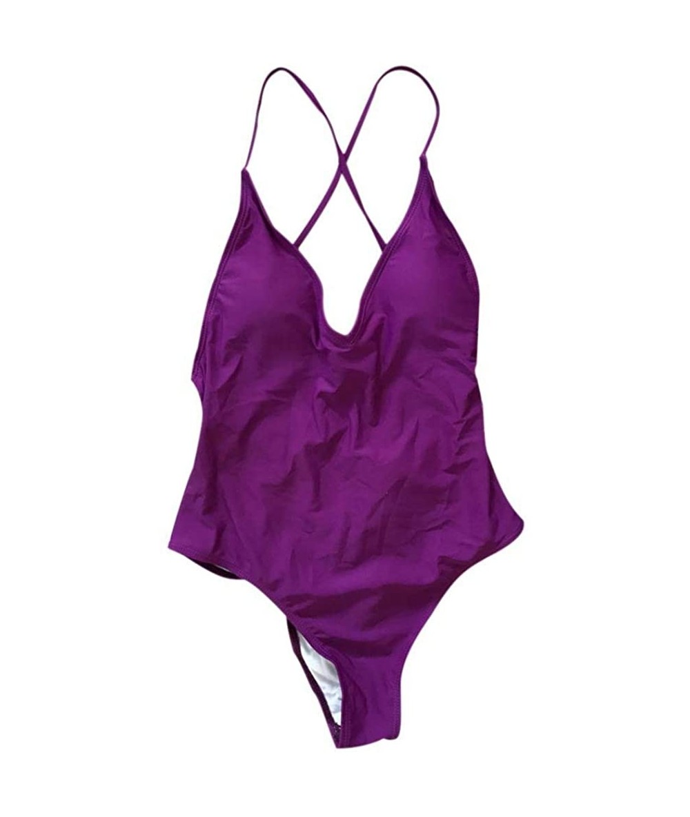 One-Pieces Womens Floral One Piece Swimsuit Bathing Swimwear Push Up Padded - Purple - C518SEOCQMN $20.89