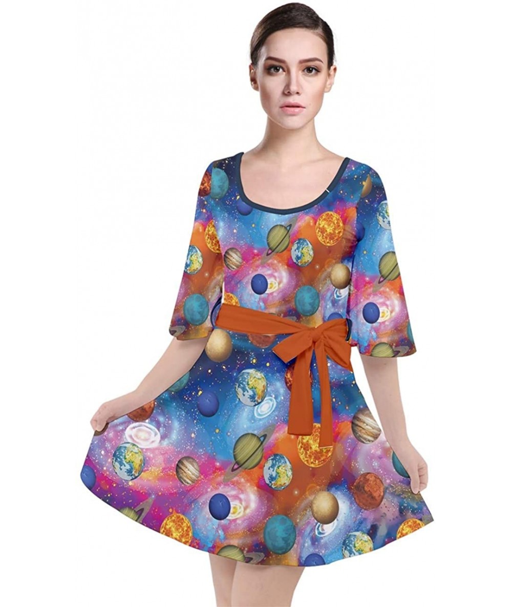 Cover-Ups Womens Space Rocket Planet Sun Moon Science Rick Morty Velour Kimono Dress- XS-3XL - Steel Blue - C518AW35Y6Z $57.60